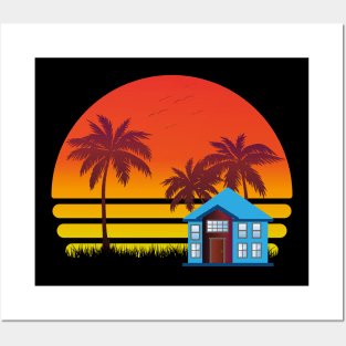 Sunset and Palm Tree, Nature, Outer Bank, Summer,Retro Posters and Art